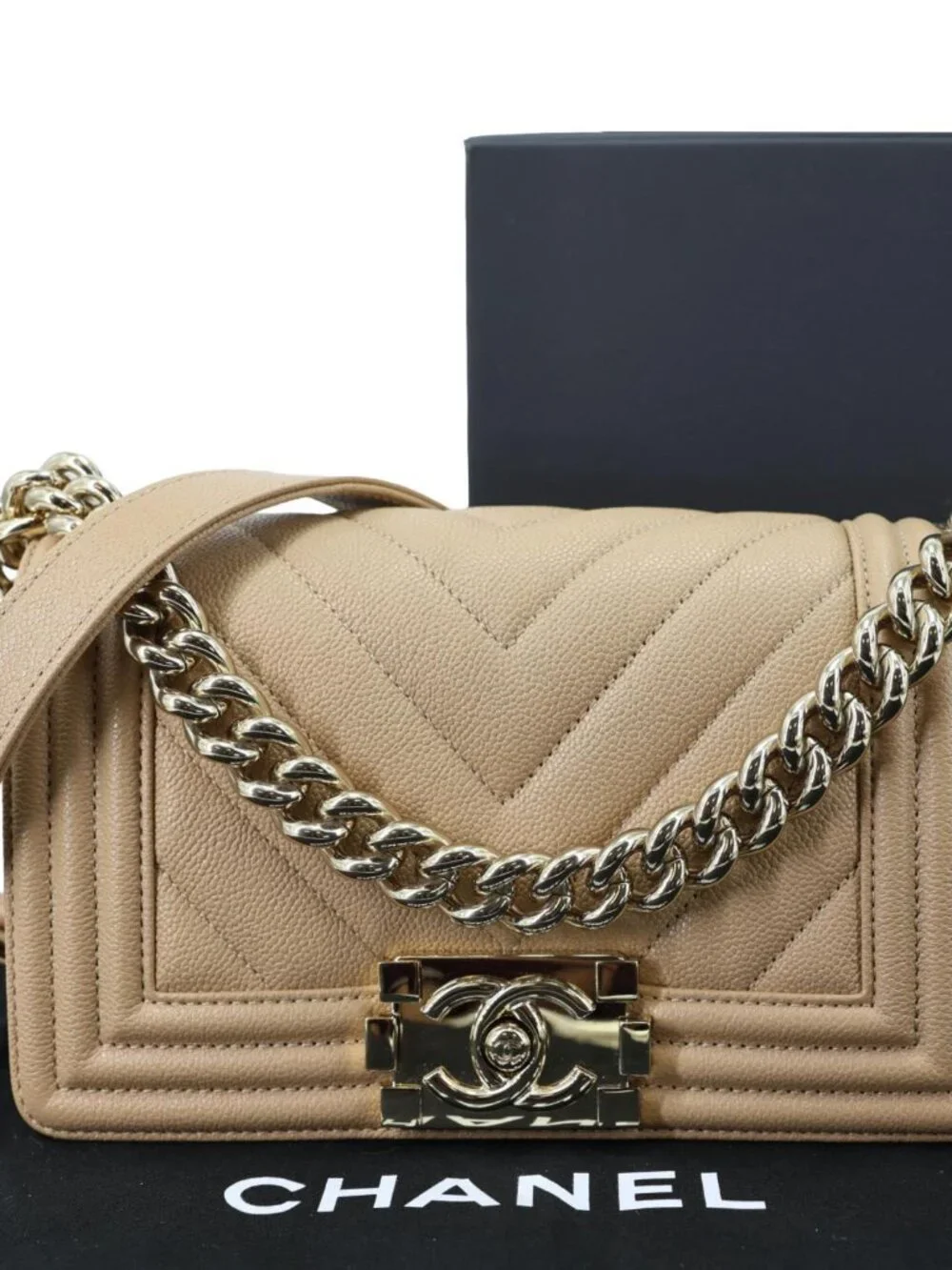 Chanel Boy Flap Small Chevron Leather Shoulder Bag Beige